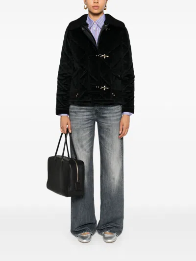 Fay Coat Fur Collar Leather Accents Side Pockets
