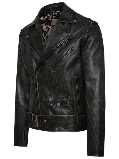Golden Goose Black Biker Jacket With Notched Revers And Leopard Lining