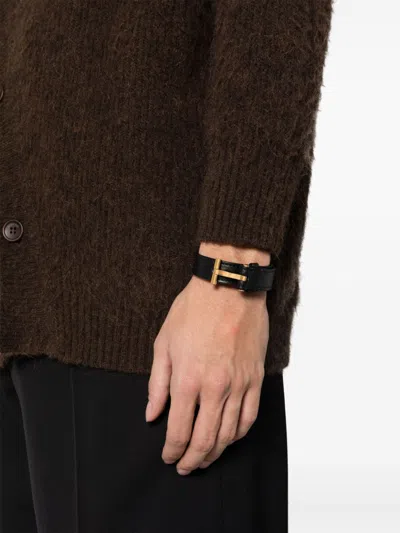 Tom Ford Black Leather T-lock Wrap Bracelet