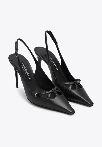 Dolce & Gabbana Leather Slingback With Metal Monogram In Black