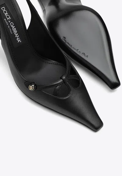 Dolce & Gabbana Leather Slingback With Metal Monogram In Black