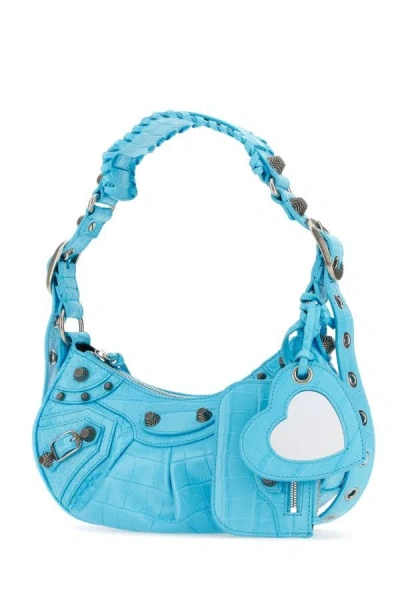 Balenciaga Le Cagole Xs Crocodile Embossed Leather Shoulder Bag In Blue