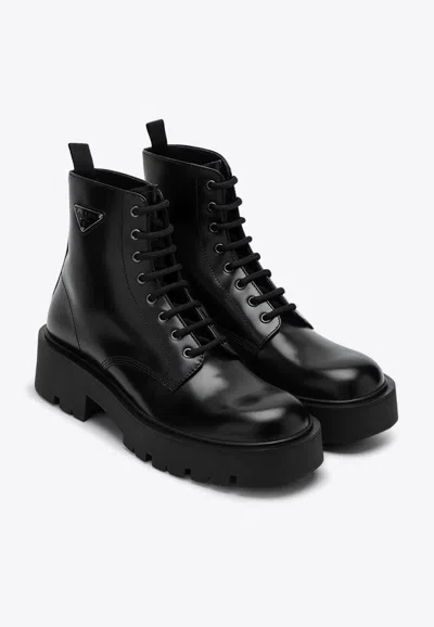 Prada Brushed Leather Ankle Boot For Men In Black