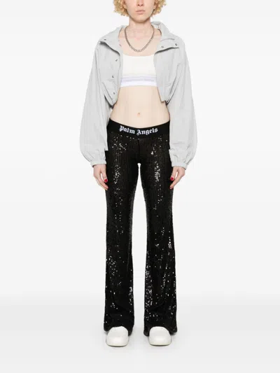 Palm Angels Sequined Logo Flared Trousers In Black