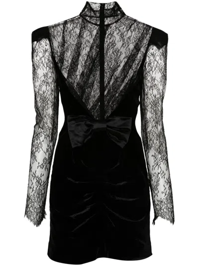 Alessandra Rich Paneled Gathered Lace And Ruched Velvet Mini Dress In Black