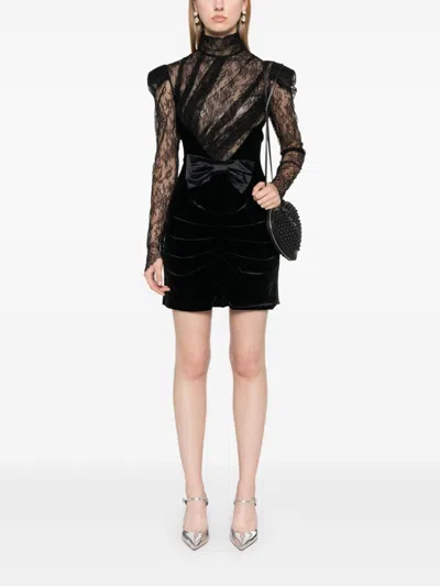 Alessandra Rich Paneled Gathered Lace And Ruched Velvet Mini Dress In Black
