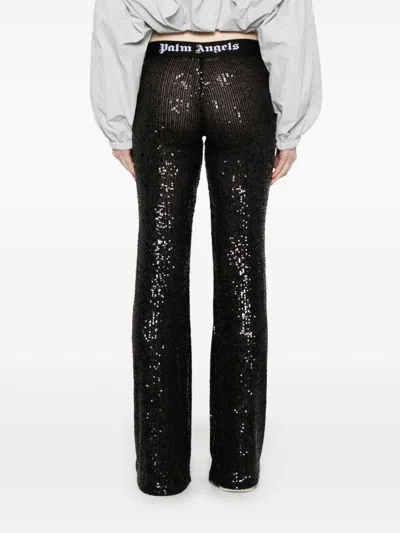 Palm Angels Sequined Logo Flared Trousers In Black