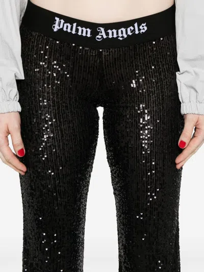 Palm Angels Sequined Logo Flared Trousers In Black