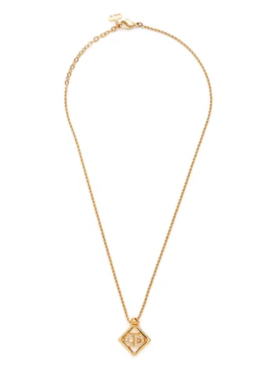 Pre-owned Dior Logo Rhinestone Necklace In Gold