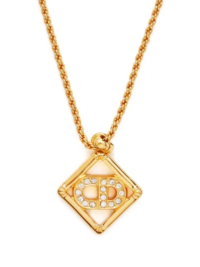 Pre-owned Dior Logo Rhinestone Necklace In Gold