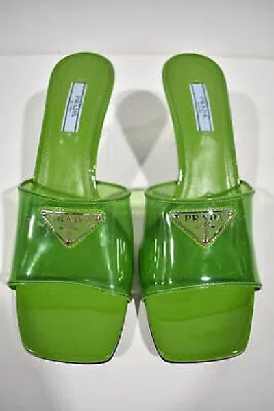 Pre-owned Prada Plexiglas Green Pvc Patent Leather Backless Sandal Mule Heel Pump 38