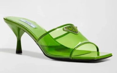 Pre-owned Prada Plexiglas Green Pvc Patent Leather Backless Sandal Mule Heel Pump 38