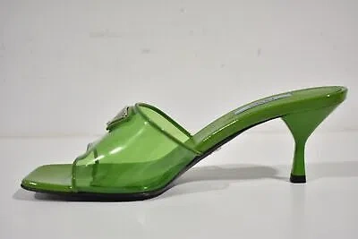 Pre-owned Prada Plexiglas Green Pvc Patent Leather Backless Sandal Mule Heel Pump 38