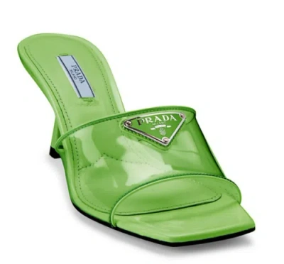 Pre-owned Prada Plexiglas Green Pvc Patent Leather Backless Sandal Mule Heel Pump 38