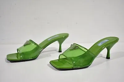 Pre-owned Prada Plexiglas Green Pvc Patent Leather Backless Sandal Mule Heel Pump 38