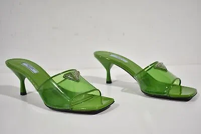 Pre-owned Prada Plexiglas Green Pvc Patent Leather Backless Sandal Mule Heel Pump 38