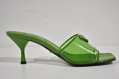 Pre-owned Prada Plexiglas Green Pvc Patent Leather Backless Sandal Mule Heel Pump 38