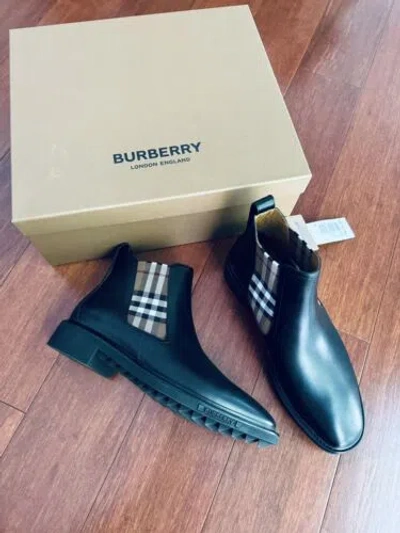 Pre-owned Burberry Men's Allostock Leather Chelsea Boots Black/birch Eu 43 Us 10 In Brown