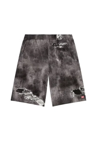 Diesel Distressed Knee Length Shorts With Elastic Waistband In Grey