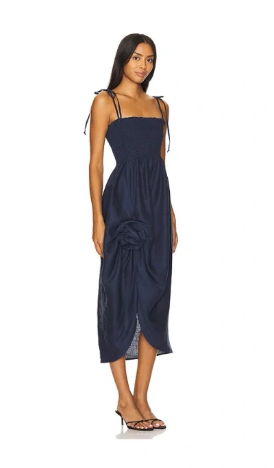 Sleeper Atlanta Linen Strap Dress With Rose Detail In Navy