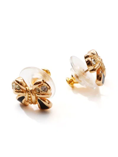 Pre-owned Dior Rhinestone Bow Earrings In 金色