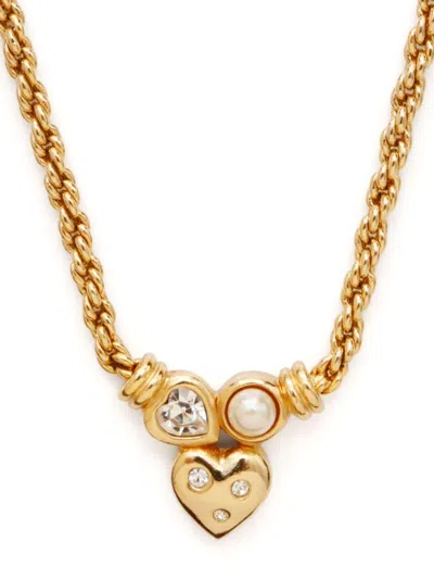 Pre-owned Dior Rhinestone Heart Necklace In 金色