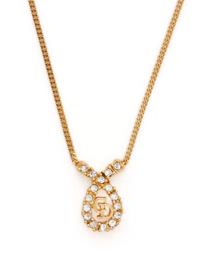 Pre-owned Dior Rhinestone Logo Necklace In 金色