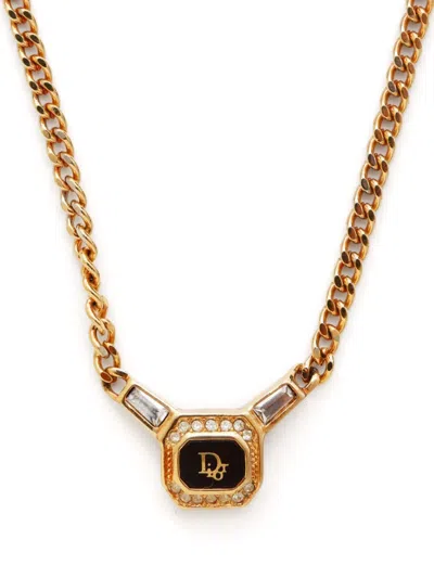Pre-owned Dior Rhinestone Logo Necklace In 金色