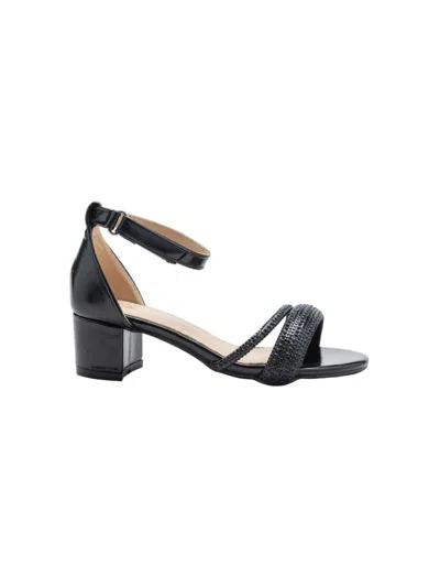 Tulleen Black Diagonal Rhinestone Band Block Heels In 黑色