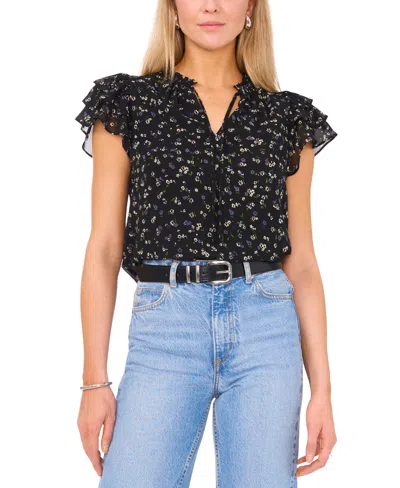 1.state Floral Flutter Sleeve Top In Rich Black