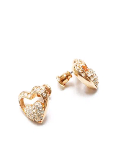Pre-owned Dior Rhinestone-embellished Heart Earrings In Gold