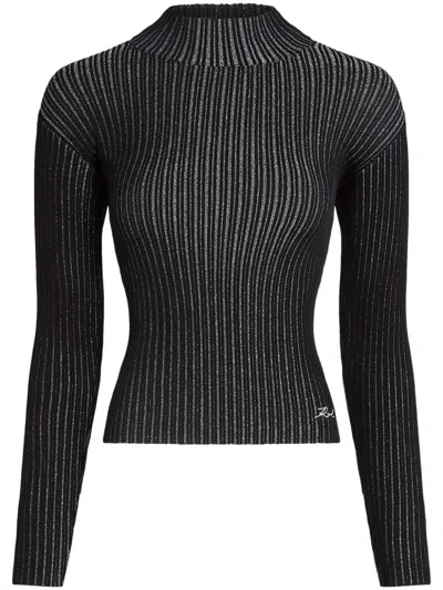 Karl Lagerfeld Mock-neck Lurex T-shirt In Black