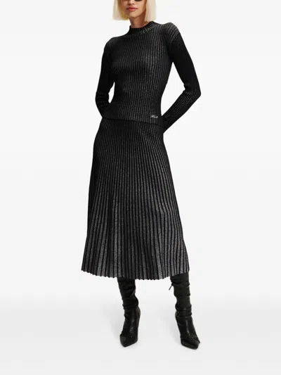 Karl Lagerfeld Mock-neck Lurex T-shirt In Black