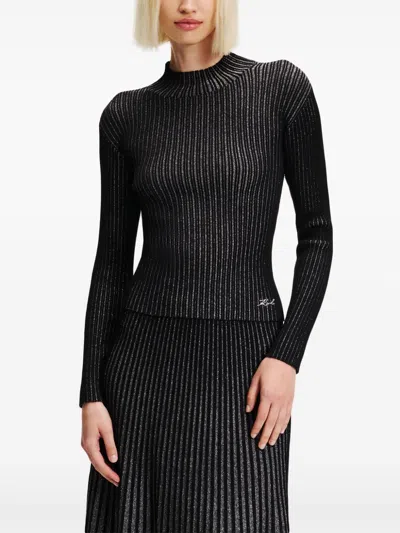 Karl Lagerfeld Mock-neck Lurex T-shirt In Black