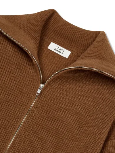 Studio Tomboy Oversize-collar Zip-front Cardigan In Brown