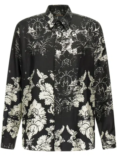 Roberto Cavalli Broccato Print Silk Shirt In Black