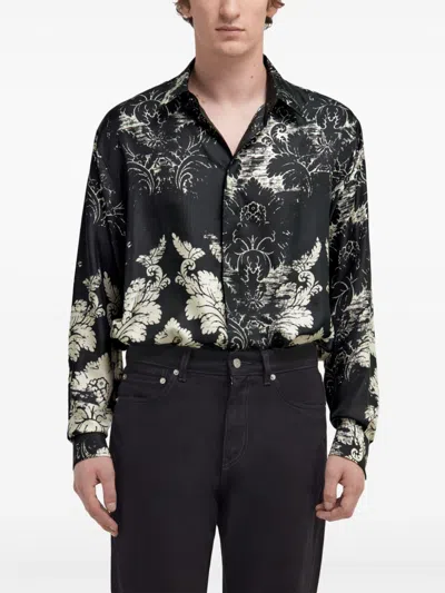 Roberto Cavalli Broccato Print Silk Shirt In Black