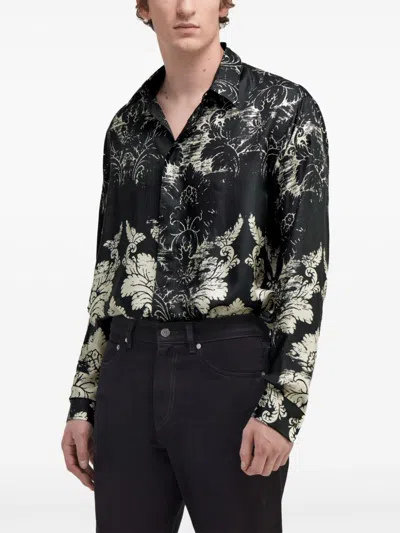 Roberto Cavalli Broccato Print Silk Shirt In Black