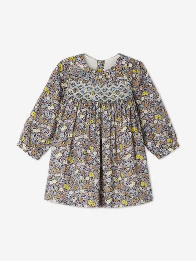 Bonpoint Floral-print Smocked-panel Dress In Grey