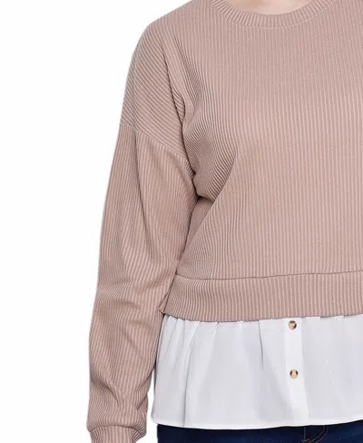 Ny Collection Petite Long Sleeve Two-fer Top With Gathered Inset In Heather Taupe