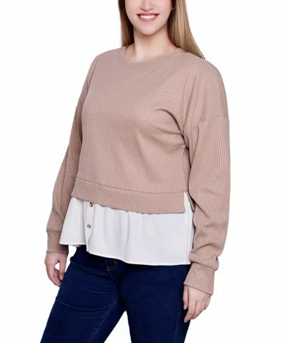 Ny Collection Petite Long Sleeve Two-fer Top With Gathered Inset In Heather Taupe