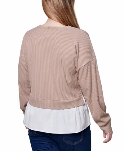 Ny Collection Petite Long Sleeve Two-fer Top With Gathered Inset In Heather Taupe