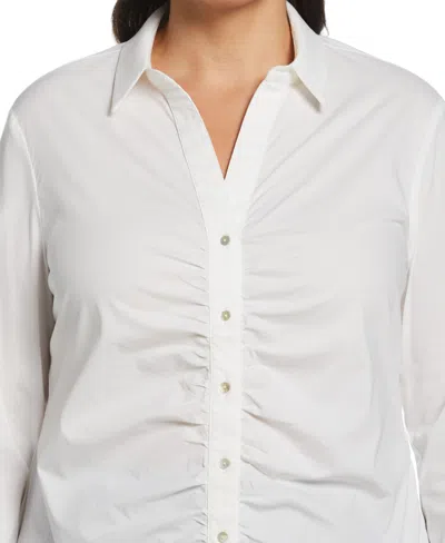 Rafaella Plus Size Ruched Front Poplin Long Sleeve Button-down Shirt In White