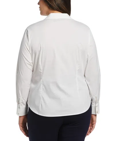 Rafaella Plus Size Ruched Front Poplin Long Sleeve Button-down Shirt In White
