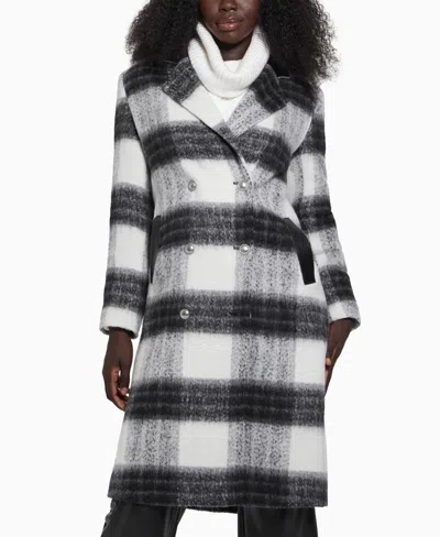 Guess Women's Double-breasted Mid-length Plaid Coat In Black,white Plaid