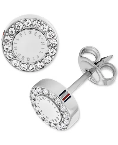 Tommy Hilfiger Crystal Logo Stud Earrings In Silver
