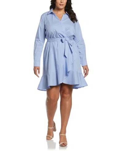 Rafaella Plus Size Stripe Poplin Ruffle Long Sleeve Wrap Dress In Ultramarine