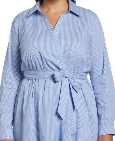 Rafaella Plus Size Stripe Poplin Ruffle Long Sleeve Wrap Dress In Ultramarine