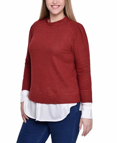 Ny Collection Petite Long Sleeve Two-fer Top In Red White