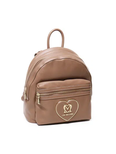 Shop Love Moschino Round Backpack In Smooth Leather In Beige